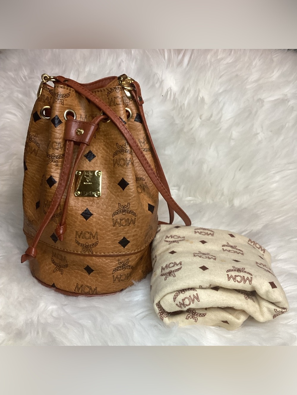 Vintage MCM Cognac Logo Visetos Drawstring Bucket Shoulder Bag